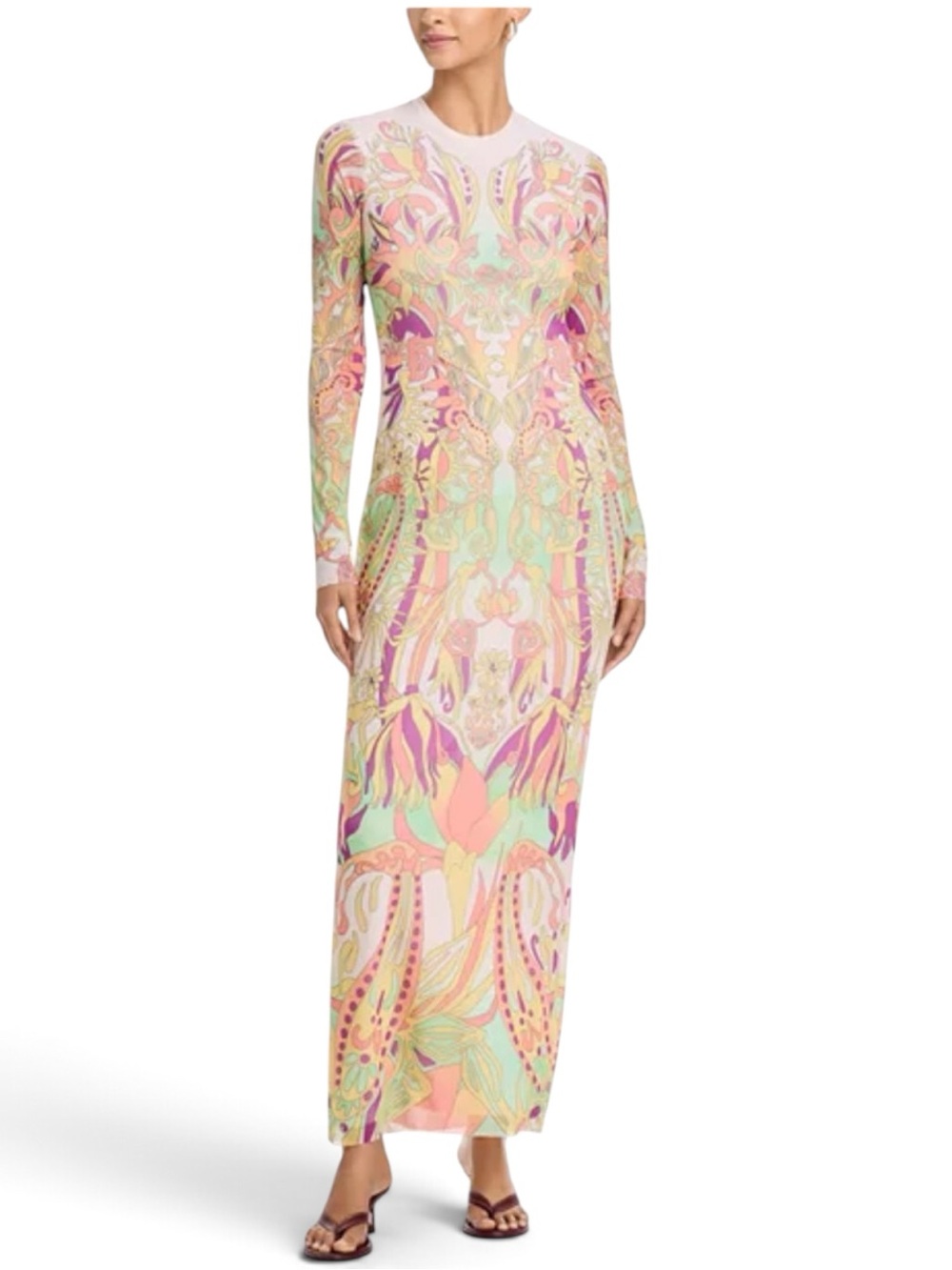 AFRM Didi Mesh Maxi Dress Large Colorful Swirl Long Sleeve Bodycon Sheer Overlay